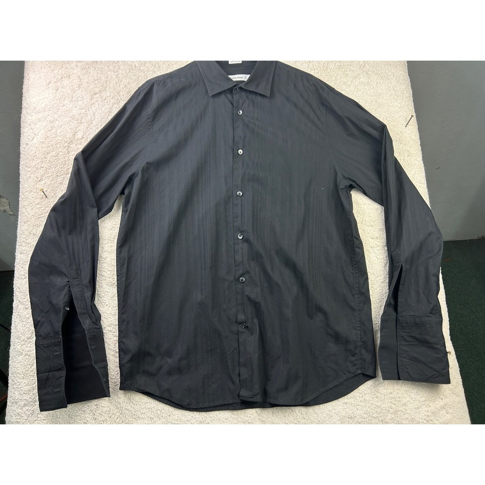 Calvin Klein Men's Dress Shirt Black‎ Large Cotton French Cuff
